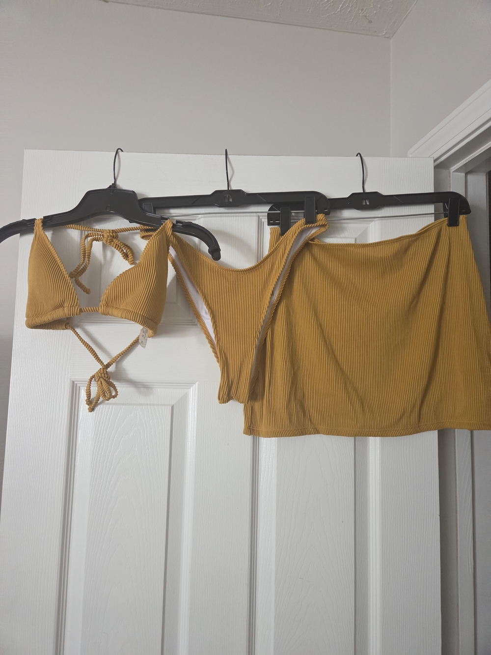 Mustard Ribbed Triangle Bikini Top and Skirt 3 Piece Set